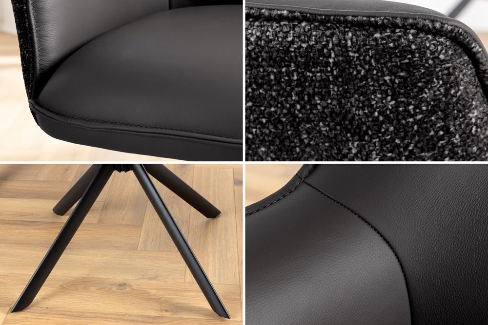 Drehbarer Stuhl LE GRAND schwarz Echtleder Strukturstoff Metallgestell mit Armlehne