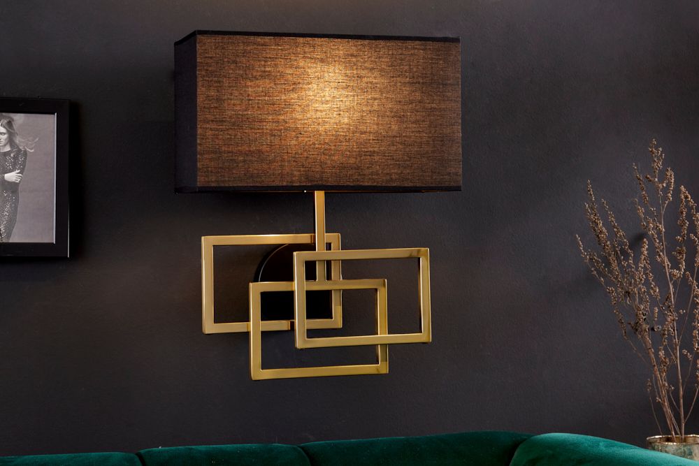 Moderne Wandleuchte ATLANTIS 44cm gold Stoffschirm schwarz Lampe
