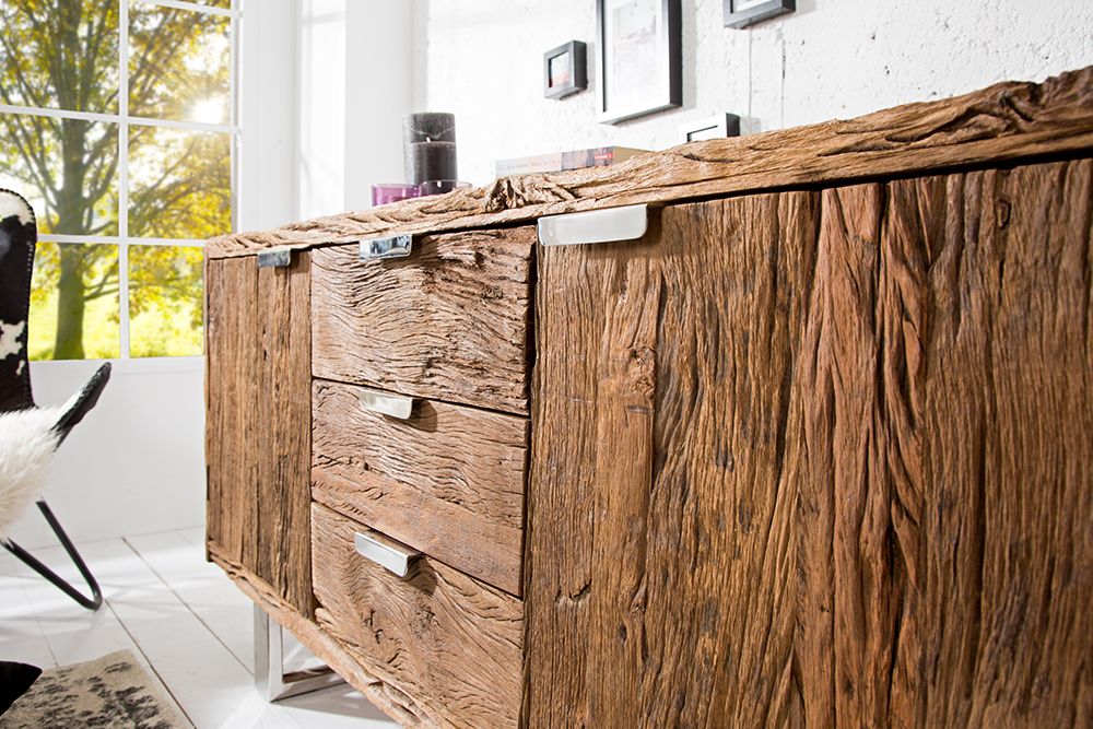 Massivholz Sideboard BARRACUDA 160cm Teak antik Kommode mit Schubladen Stahl Kufenfüßen