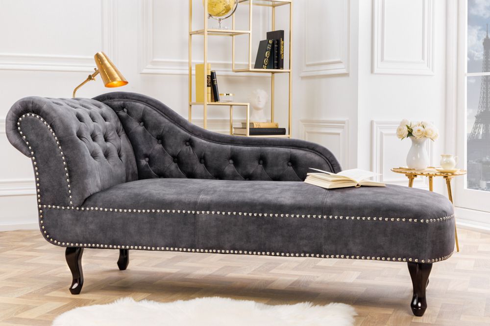 Design Récamière CHESTERFIELD 170cm grau strukturiertes Samt Knopfheftung Nietenbesatz