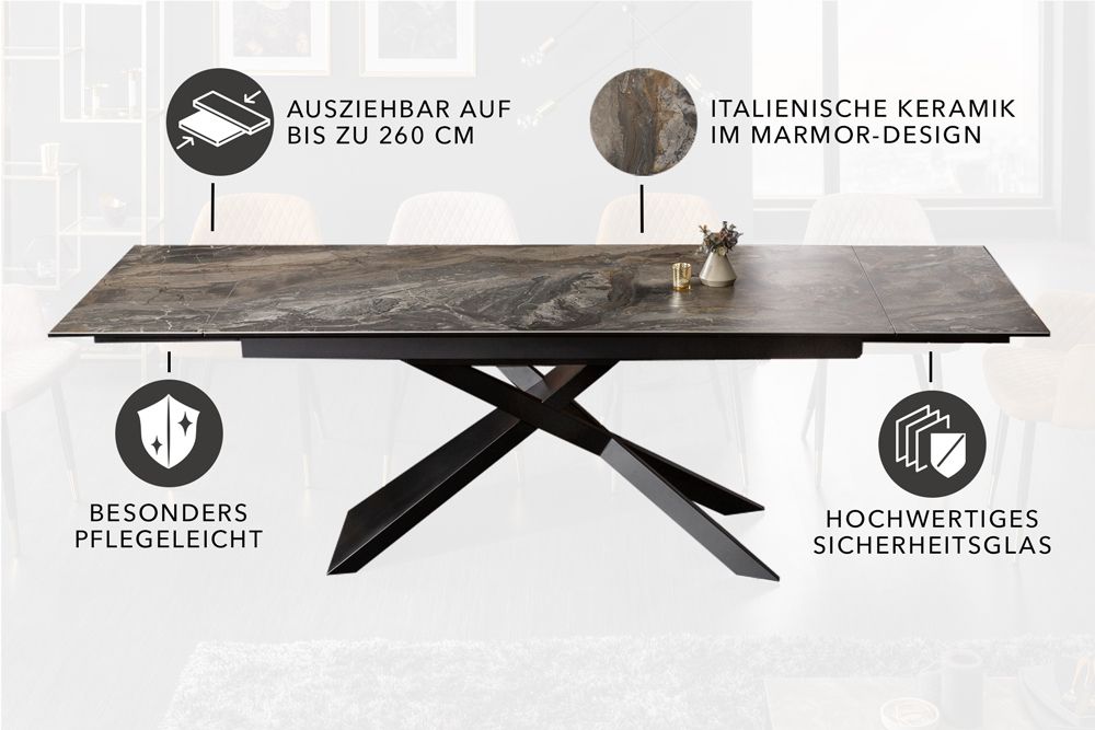 Ausziehbarer Esstisch EUPHORIA 180-220-260cm taupe anthrazit Keramik made in Italy