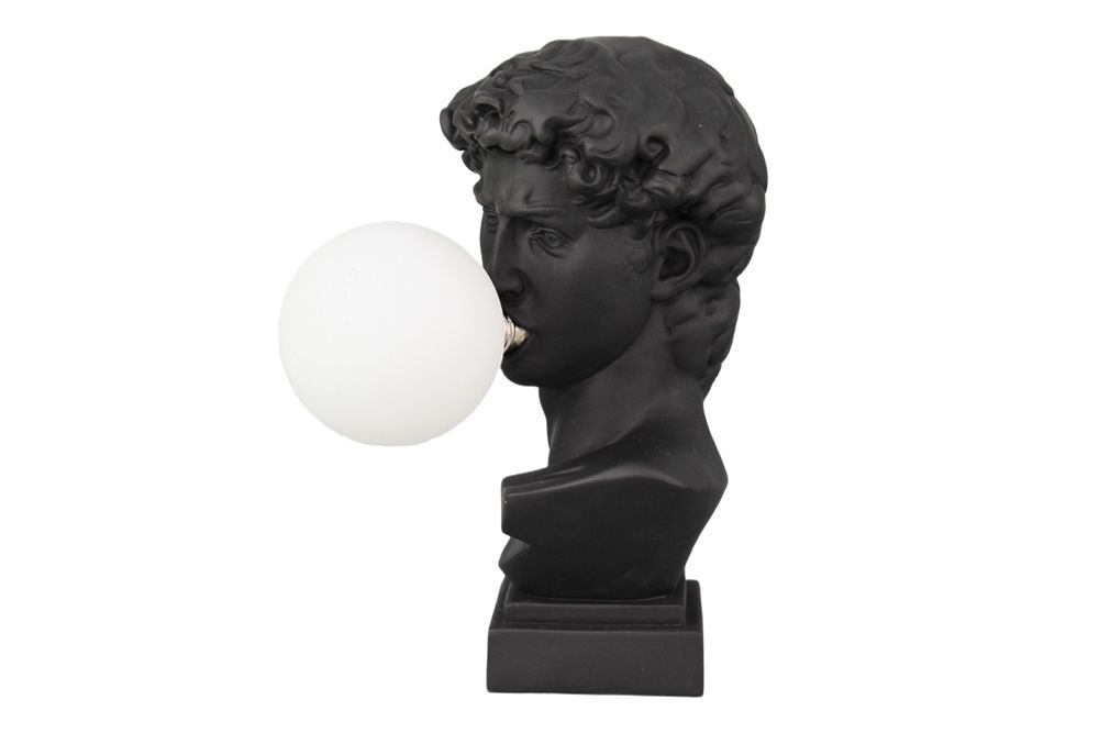 Handgefertigte Tischlampe DAVID 30cm schwarz Büste mit weißer Lampenkugel
