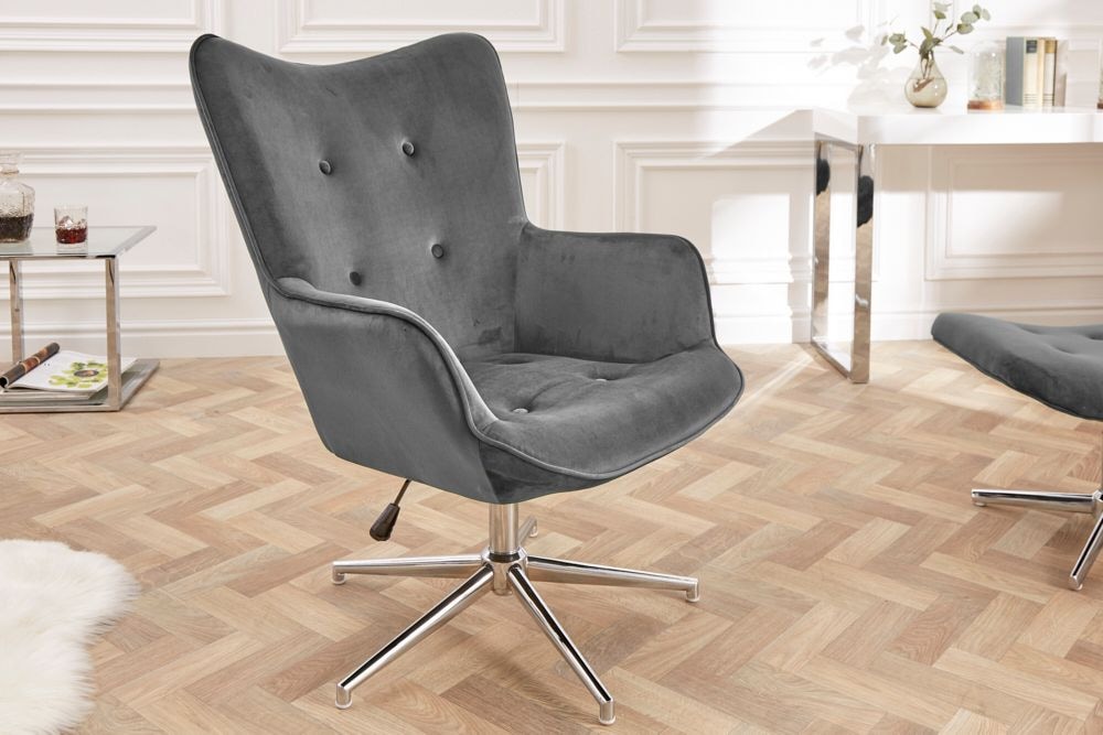 Design Sessel MR. LOUNGER grau chrom Samt höhenverstellbar drehbar Retro