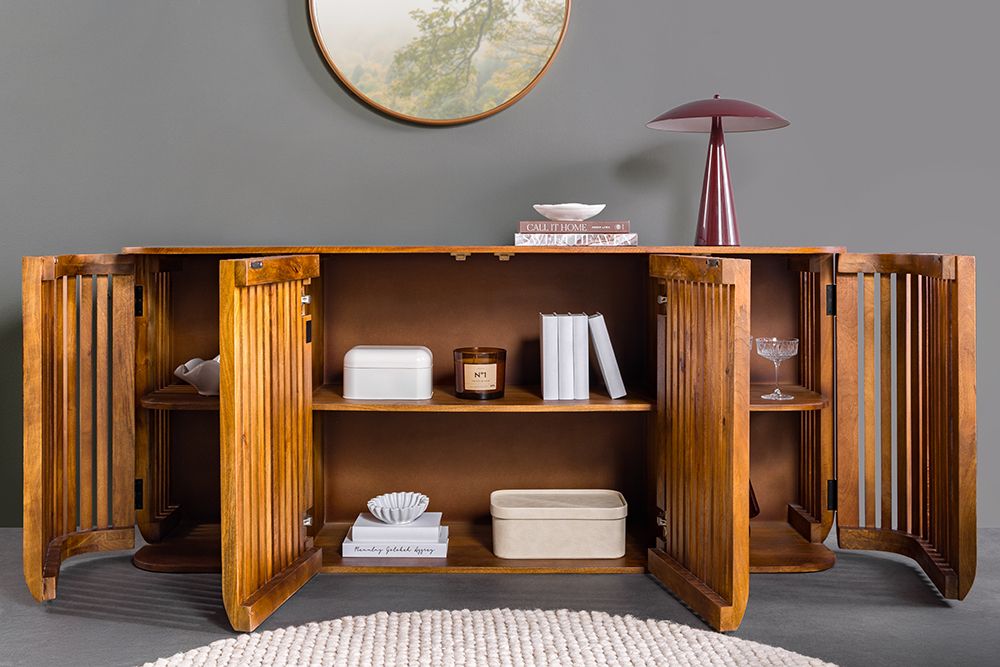 Massives Sideboard SCULPTURA 170cm braun Mangoholz mit abgerundeter Lamellenfront