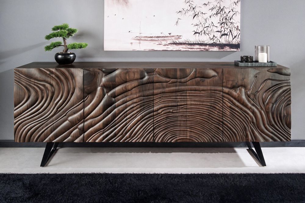 Massives Sideboard FLUID 175cm braun Mangoholz 3D-Design Kufengestell