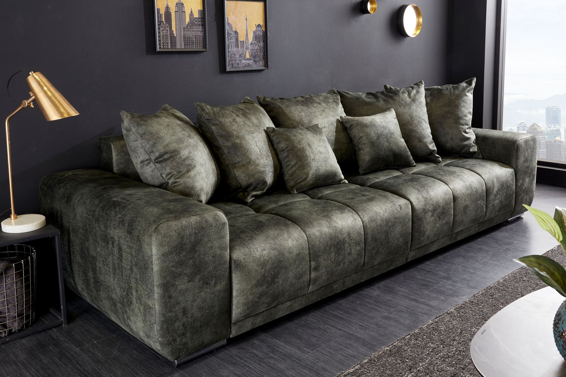 Big Sofa ELEGANCIA 285cm moosgrün Microfaser XXL Couch inkl. Kissen Federkern