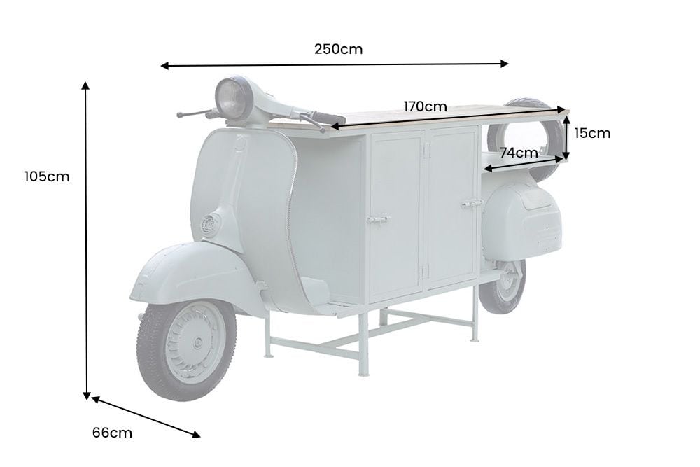 Extravaganter Barschrank SCOOTER 250cm salbei Retro-Konsole Motorroller mit Mangoholz Upcycling