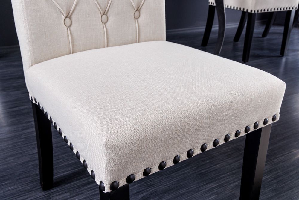 Design Stuhl CASTLE beige schwarz Strukturstoff Holzfüße Chesterfield