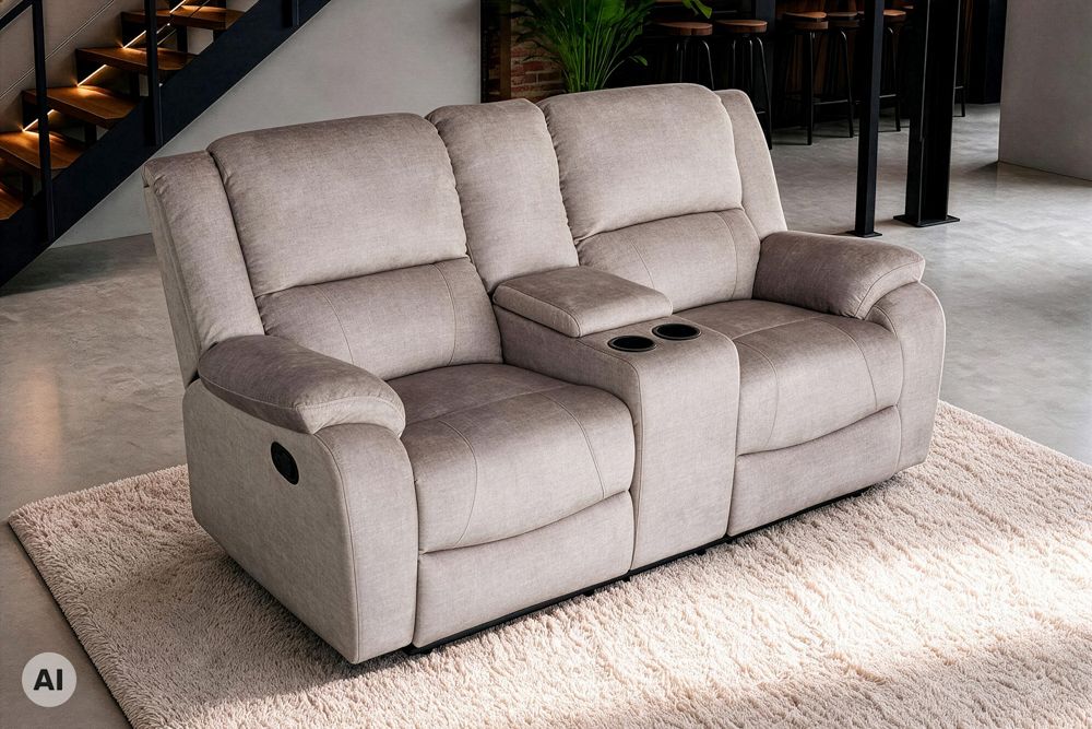 Exklusiver 2er Kinosessel HOLLYWOOD champagner beige hochwertiger Vogue Veloursstoff mit Cupholder