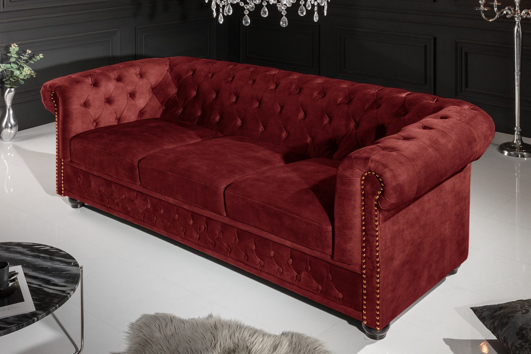 Barock Sofa CHESTERFIELD 205cm bordeaux rot Samt Federkern Knopfheftung 3-Sitzer Couch