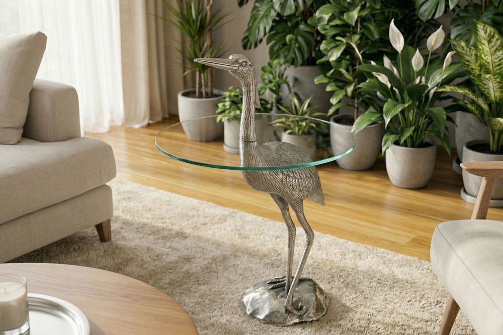Runder Beistelltisch WILDLIFE HERON 90cm silber Metall Glas Fischreiher Skulptur handmade