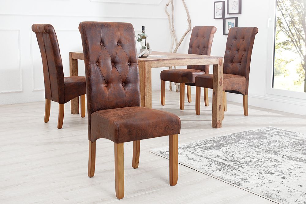 Edler Stuhl CASA whisky braun vintage mit Zierknöpfen Massivholzbeine