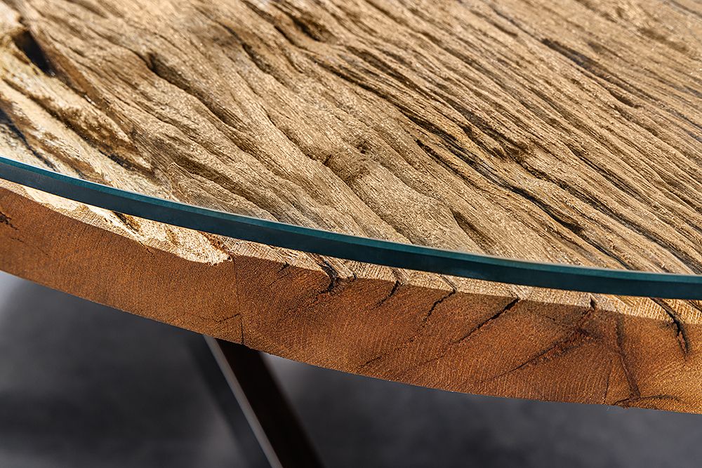 Massiver Esstisch BARRACUDA 220cm braun Teakholz silber Sterngestell Glasplatte