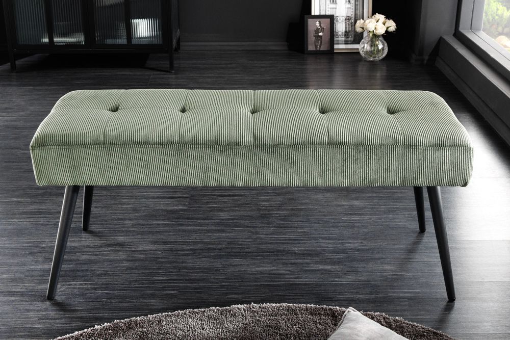 Design Sitzbank BOUTIQUE 100cm grün Cord schwarze Metallbeine