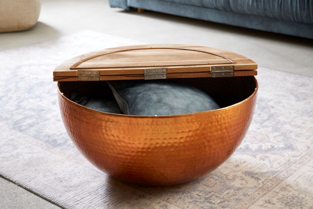 Runder Couchtisch ORIENT STORAGE 60cm kupfer Hammerschlag handmade Akazienholz mit Stauraum