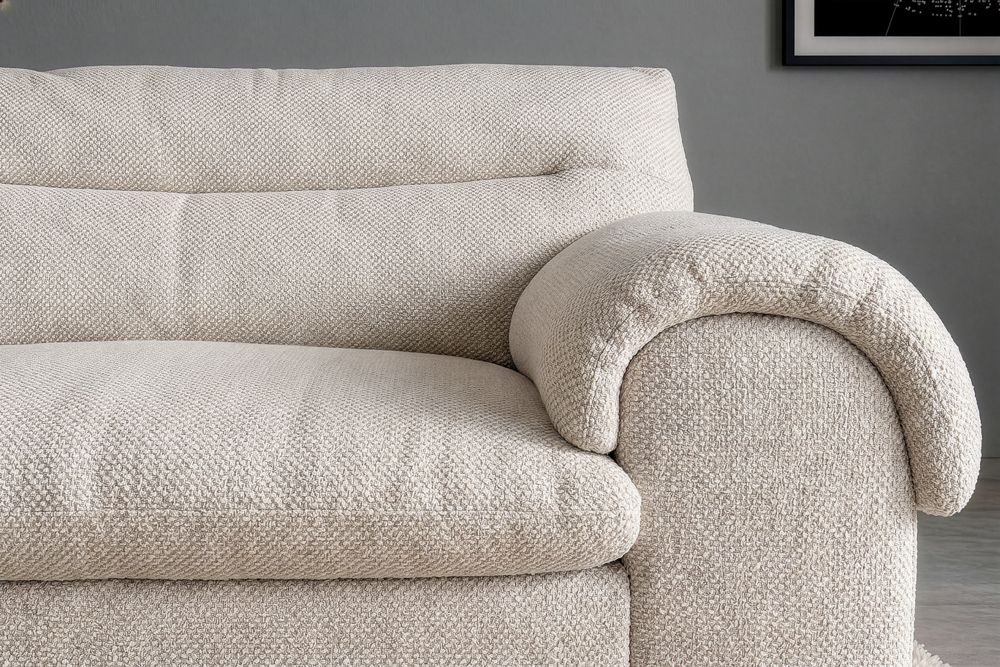 3-Sitzer Sofa SIXTH SENSE 210cm beige Bouclé-Strickstoff mit Nosagfederung und Daunenfedern