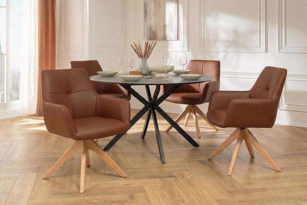 Drehbarer Stuhl ALMARA cognac braun Echtleder 360° Taschenfederkern Eiche Massivholz » Jetzt kaufen