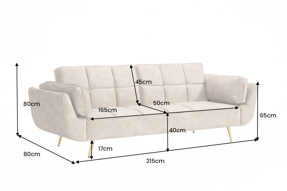 Retro Schlafsofa BOUTIQUE 215cm champagner beige Samt 3-Sitzer mit goldenen Füßen