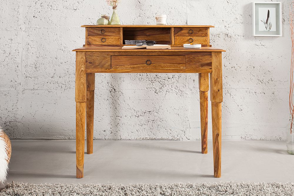 Design Sekretär HEMINGWAY M 90cm braun Sheesham Massivholz stone finish Schreibtisch