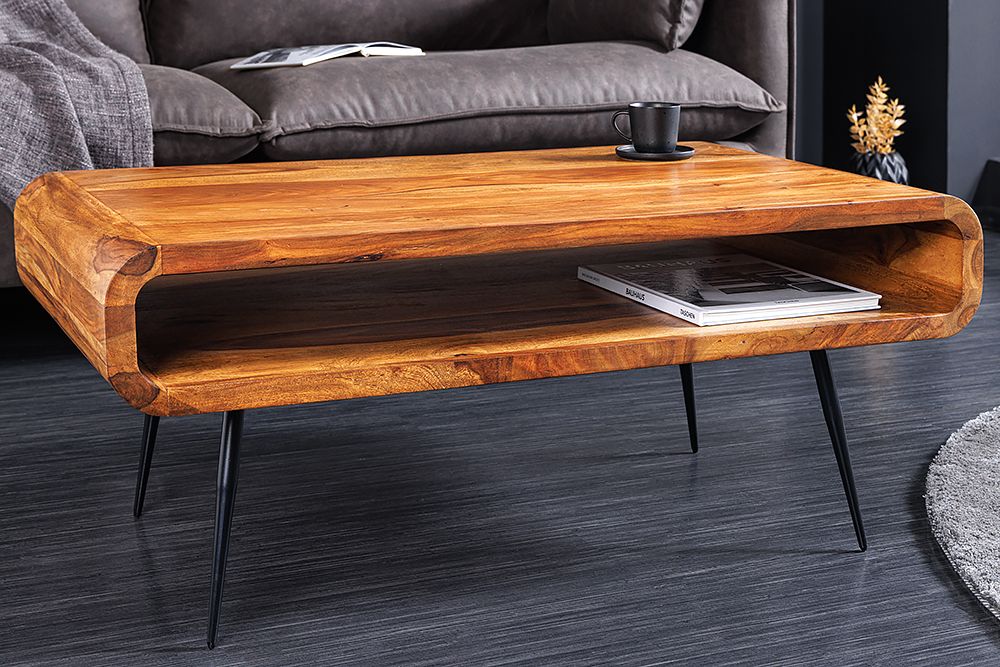 Massivholz Couchtisch ALPHA 90cm braun Sheesham stone finish Metallbeine mit Stauraum