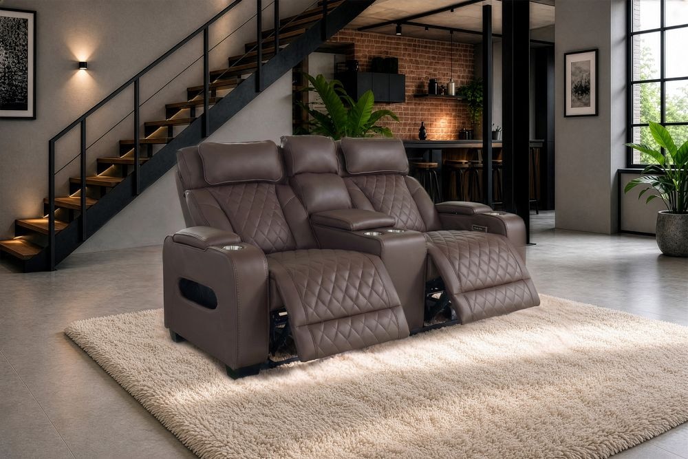 Elektrischer 2er Kinosessel HOLLYWOOD braun Kunstleder Relaxfunktion Getränkehalter