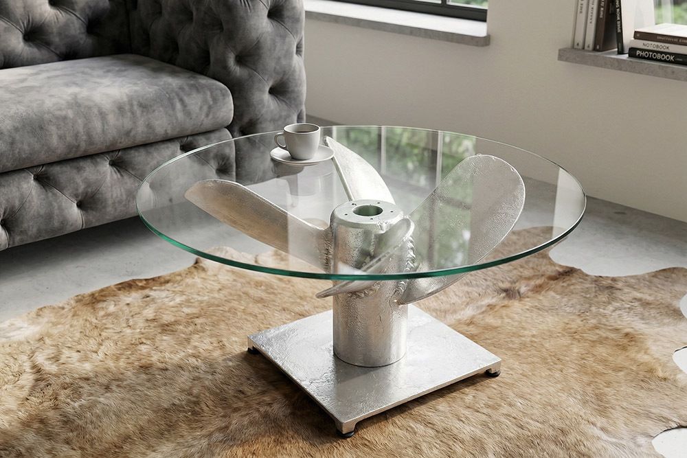 Maritimer Couchtisch OCEAN M 60cm silber antik rund Schiffsschraube Glasplatte