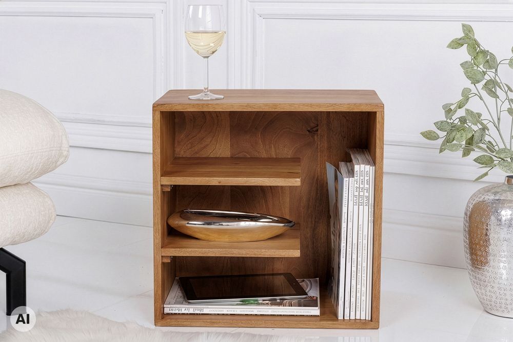 Massiver Beistelltisch CUBUS 45cm braun Mangoholz honey finish Regal Nachttisch