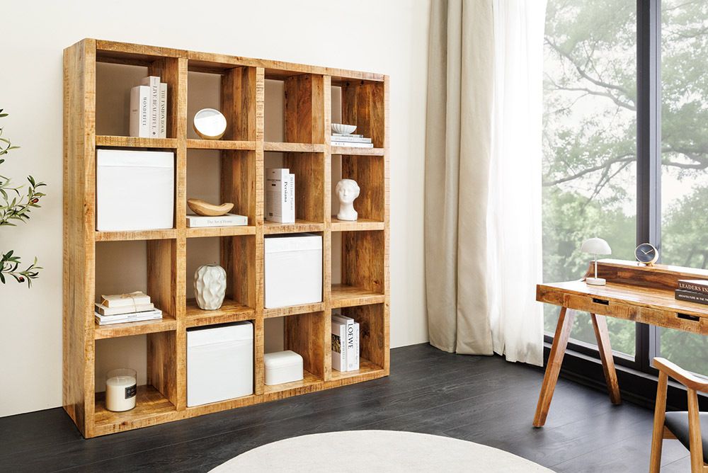 Massives Regal IRON CRAFT 160cm natur Mangoholz Bücherregal sechzehn Fächer