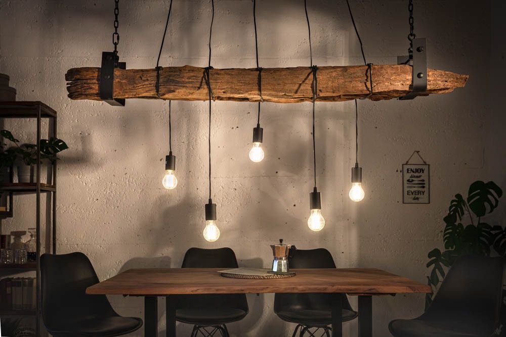 Industrial Hängelampe BARRACUDA 152cm recyceltes Massivholz mit 5 Leuchten