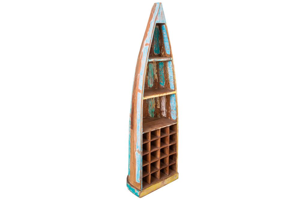 Dekoratives Bootsregal JAKARTA 190cm bunt Massivholz aus recycelten Fischerbooten Weinregal