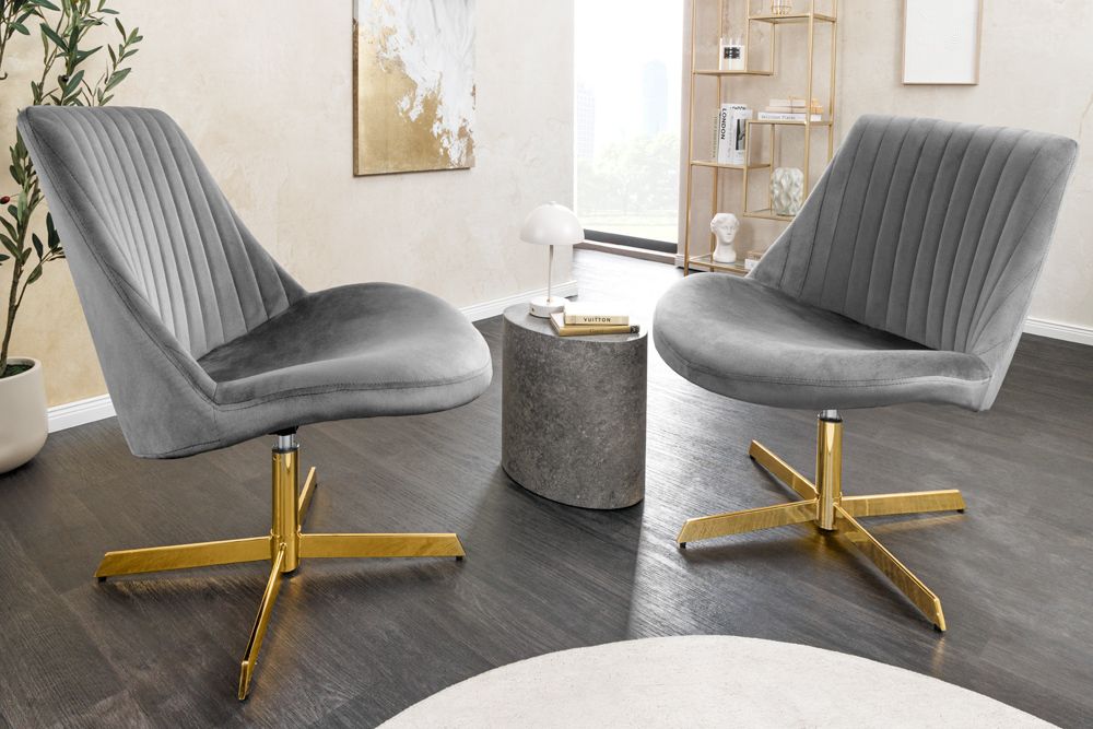 Drehbarer Sessel LOUNGER grau gold Samt Modern Design