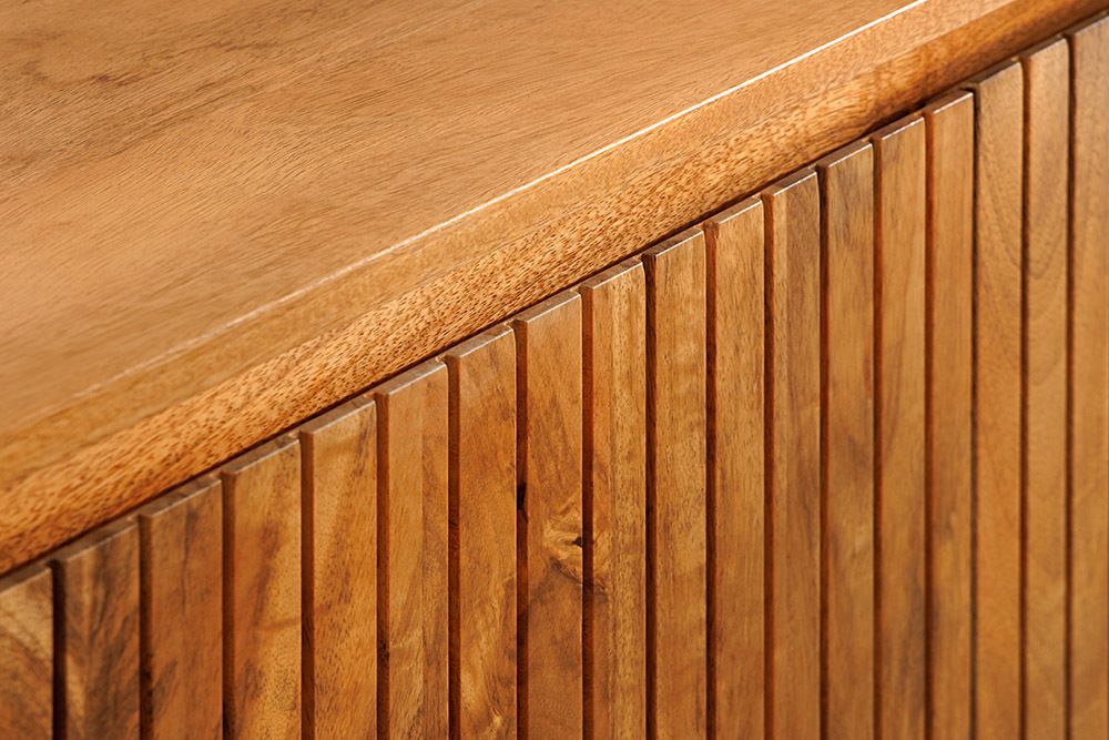 Massives Sideboard GATSBY 160cm natur Mangoholz schwarz Metall mit Lamellenfront