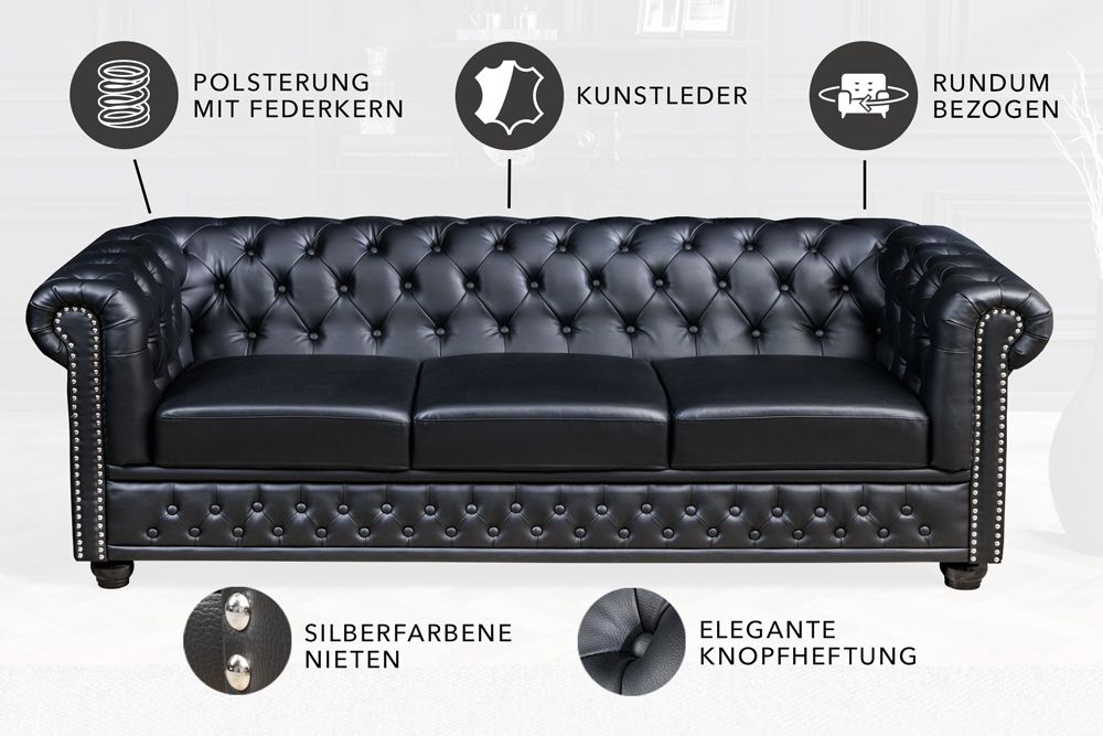Chesterfield 3-Sitzer Sofa 205cm schwarz Nietenbesatz Federkern