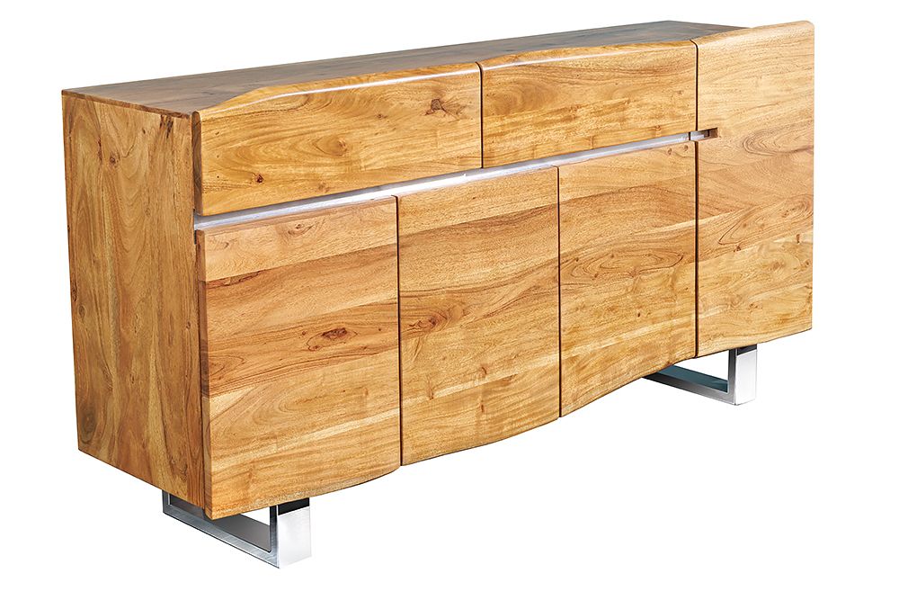 Massivholz Sideboard MAMMUT 170cm Akazie Baumkante mit Schubladen Kufengestell Edelstahl