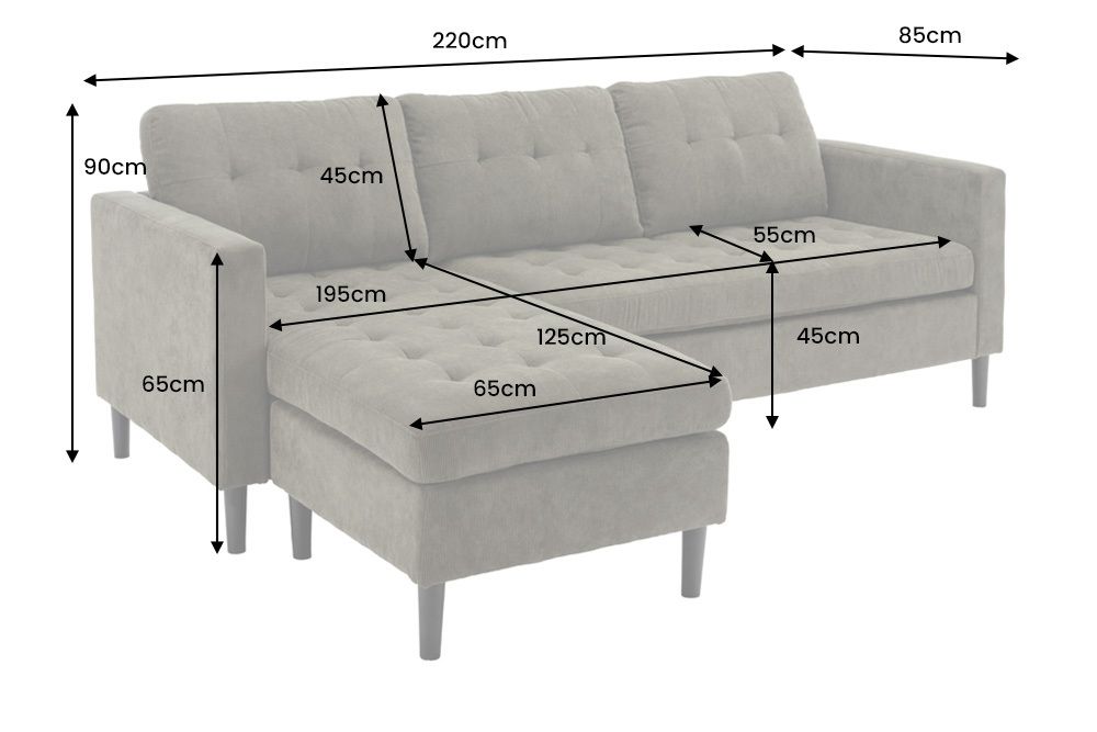 Retro Ecksofa STOCKHOLM 220cm taupe Cord Federkern 3-Sitzer