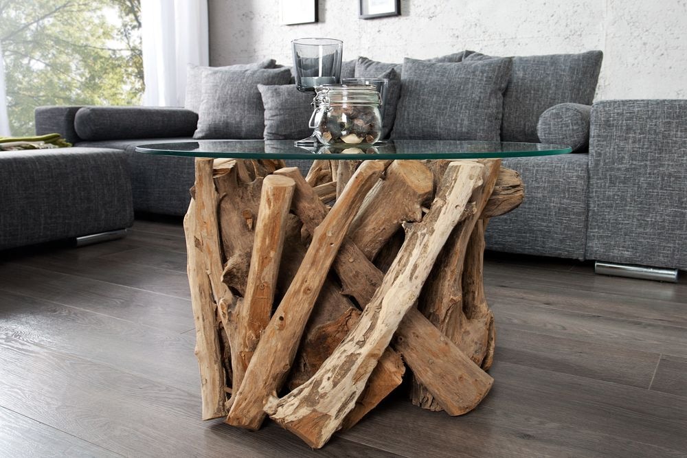 Design Couchtisch NATURE LOUNGE 60cm Teakholz mit runder Glasplatte Beistelltisch