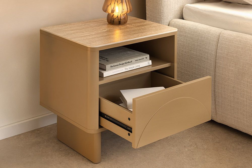 Design Nachttisch SAVOY 50cm grau beige greige Keramik Travertin Beistelltisch