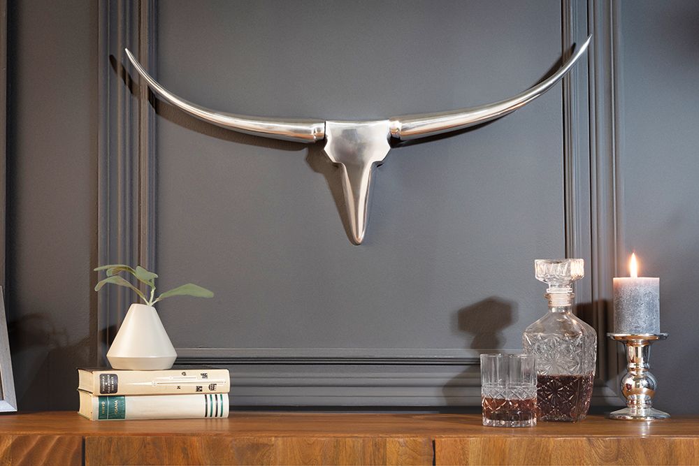 Moderne Design Wanddekoration BULL 75cm silber Aluminium Stierkopf