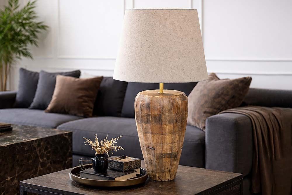 Handgefertigte Tischlampe PURE NATURE 65cm weiß natur Mangoholz mit Stoffschirm