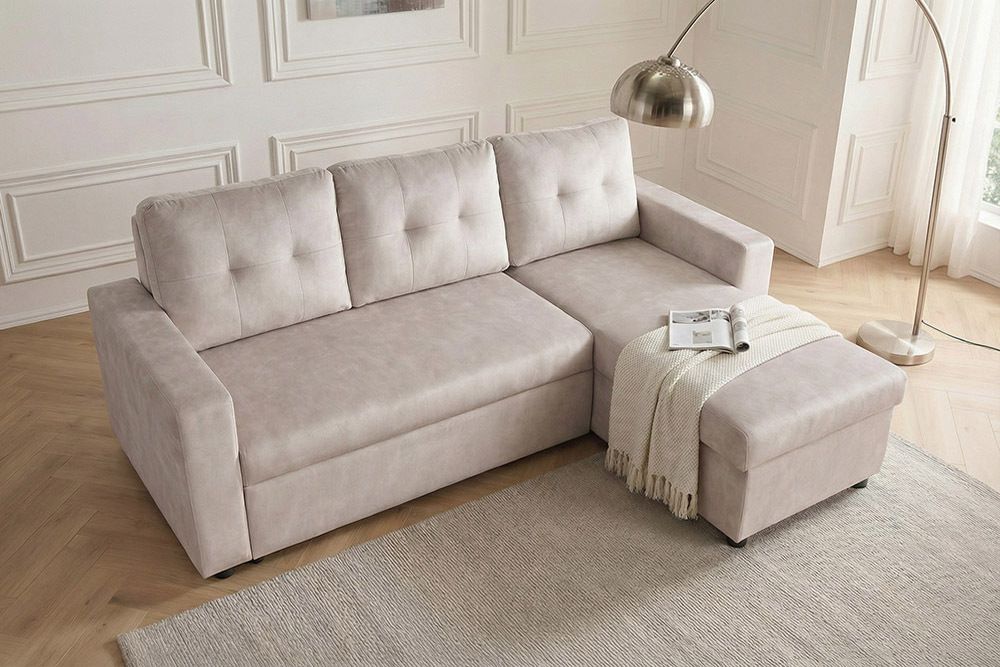 Ecksofa mit Schlaffunktion APARTMENT beidseitig aufbaubar champagner beige Samt inkl. Stauraum