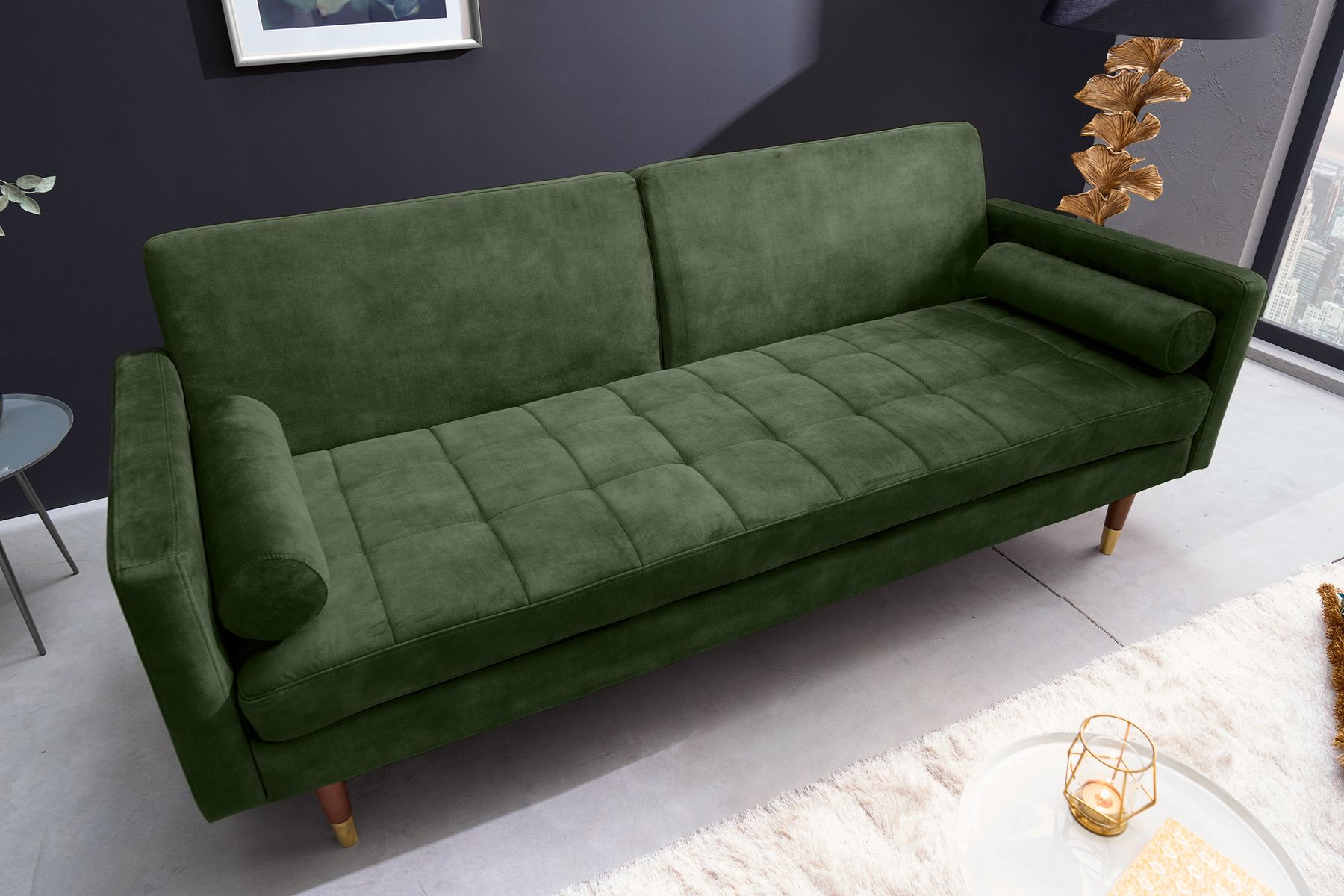 Modernes Schlafsofa COUTURE 200cm grün Microvelours 3-Sitzer Couch mit Schlaffunktion