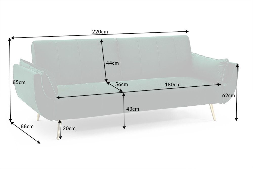 Retro Schlafsofa DIVANI 220cm smaragdgrün Samt goldene Metallfüße 3-Sitzer mit Bettfunktion