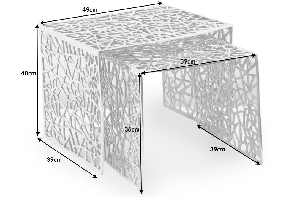 Handgearbeiteter Couchtisch ABSTRACT 49cm 2er Set silber im Gap Design