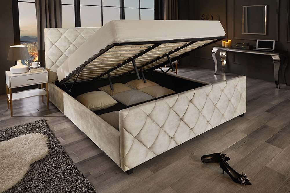 Design Boxbett ELYSIUM 160x200cm champagner beige Samt mit Stauraum und Lattenrost