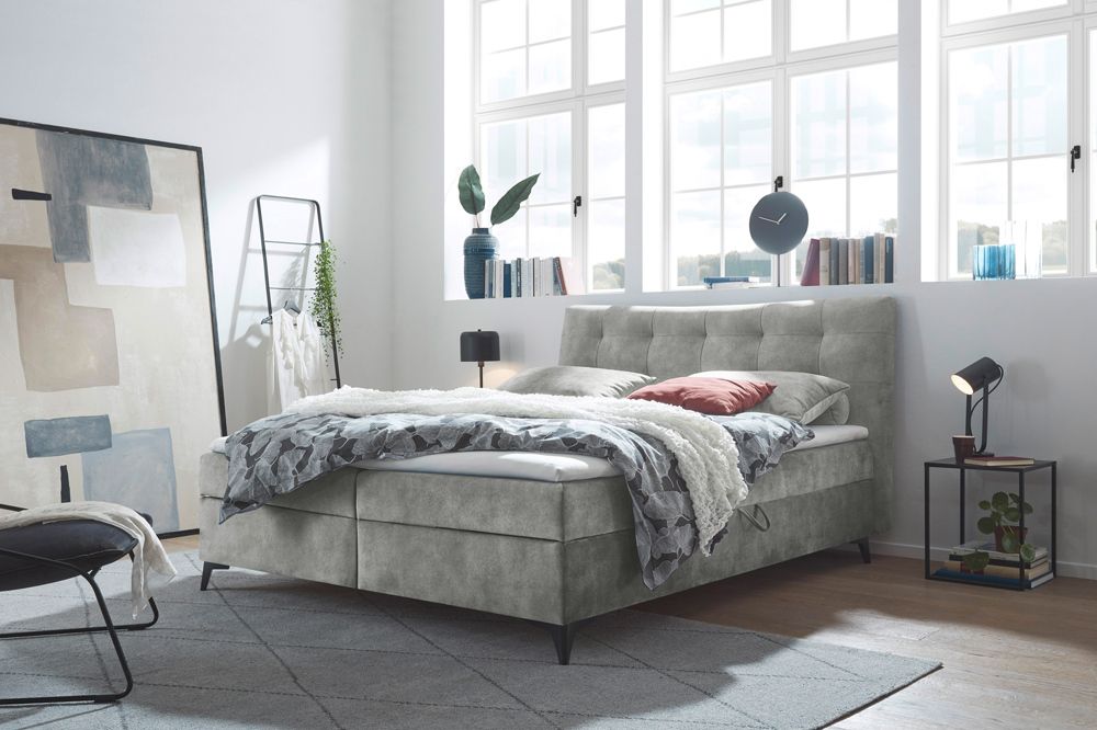 Design Boxbett DECADENCIA 180x200cm silbergrau Samt mit Stauraum Matratze Topper