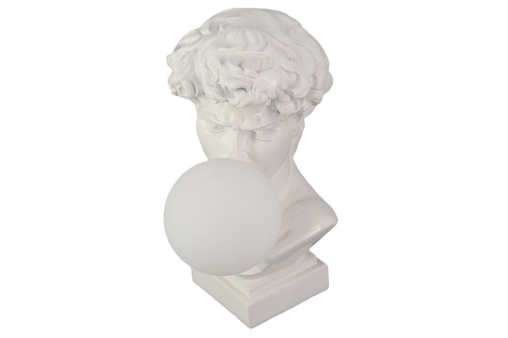 Handgefertigte Tischlampe DAVID 30cm weiß Büste mit Lampenkugel