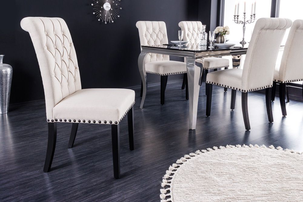 Design Stuhl CASTLE beige schwarz Strukturstoff Holzfüße Chesterfield