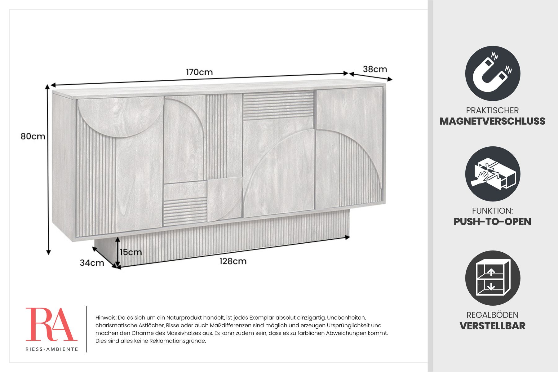 Design Sideboard ART DECO 170cm grau smoked Mangoholz massiv 3D-Front