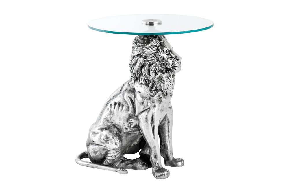 Runder Beistelltisch WILDLIFE LION 60cm silber antik Metall Glas Löwen Skulptur