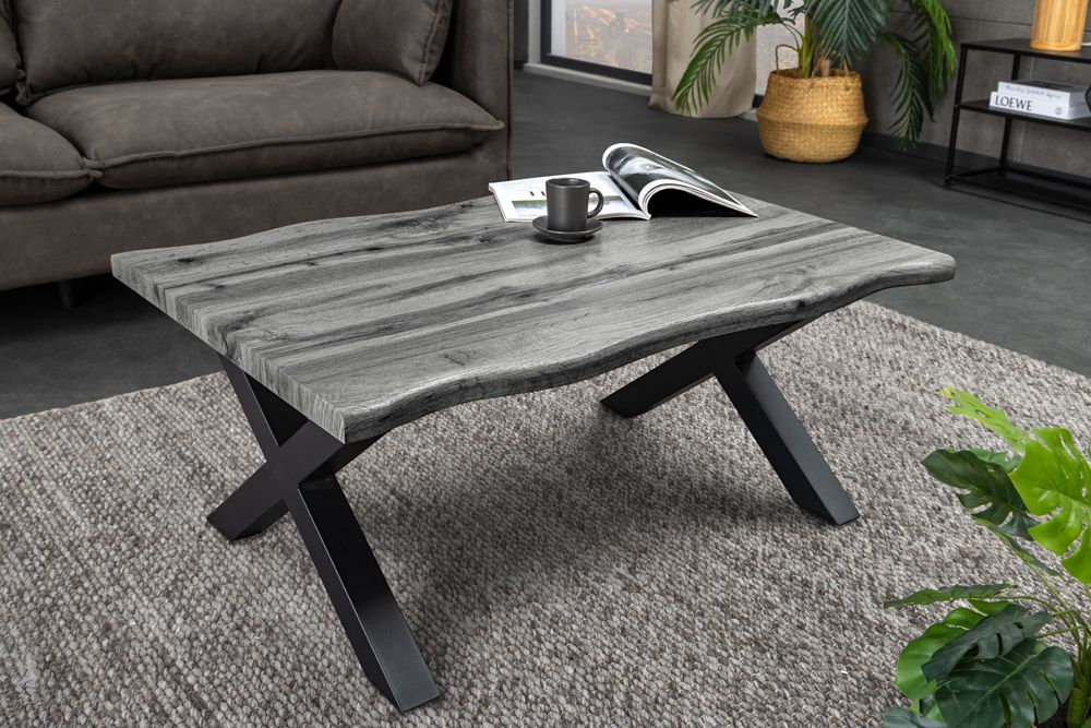 Industrial Couchtisch WILD 90cm grau Wildeichen-Design schwarz Metall Baumkante